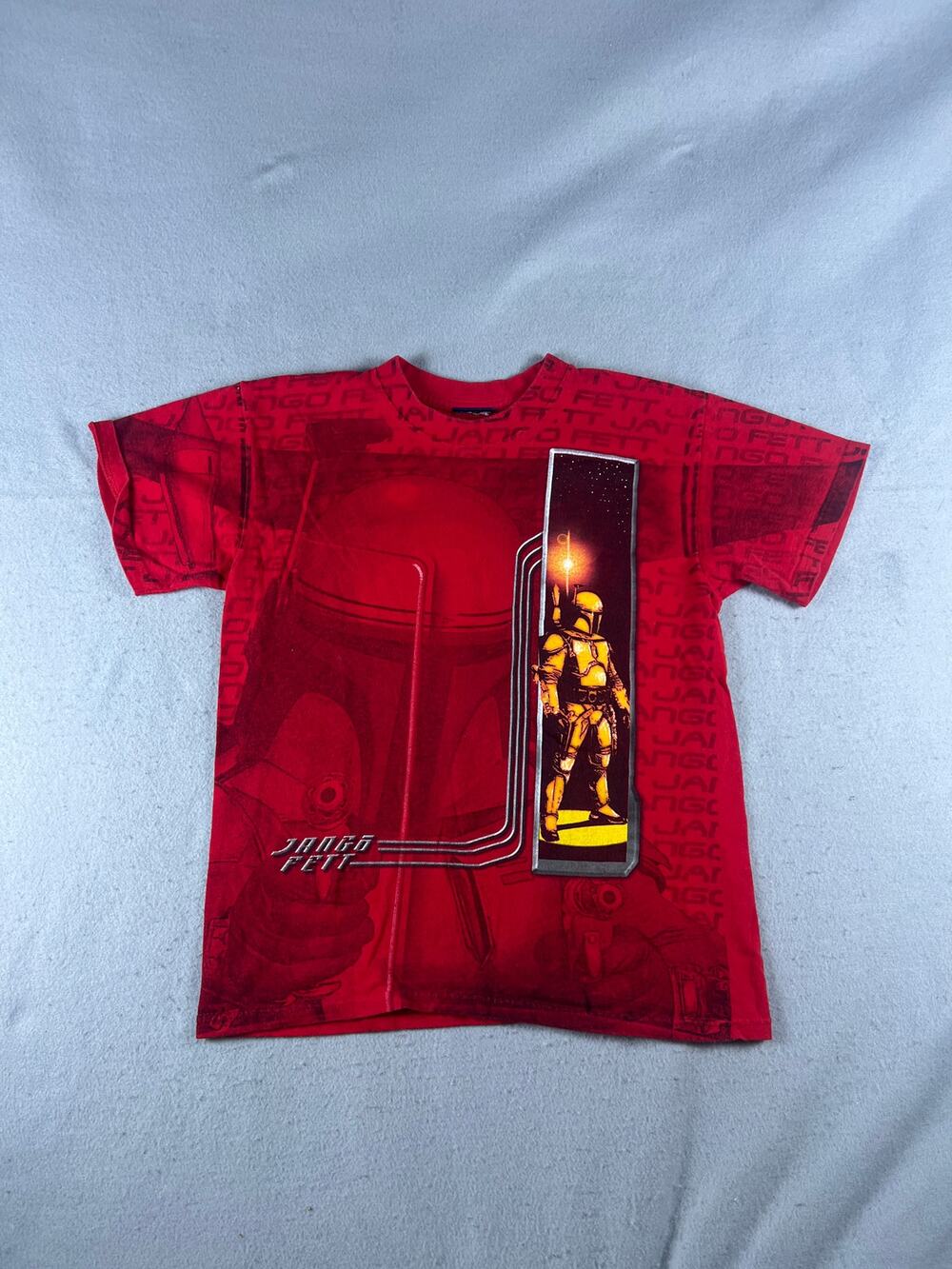 Star Wars T-Shirt Youth L Red Crew Neck Jango Fett All Over Print Vintage Tee